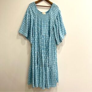 Anaak Amina Bell Maxi Dress in blue bell cotton Lagenlook oversized block print